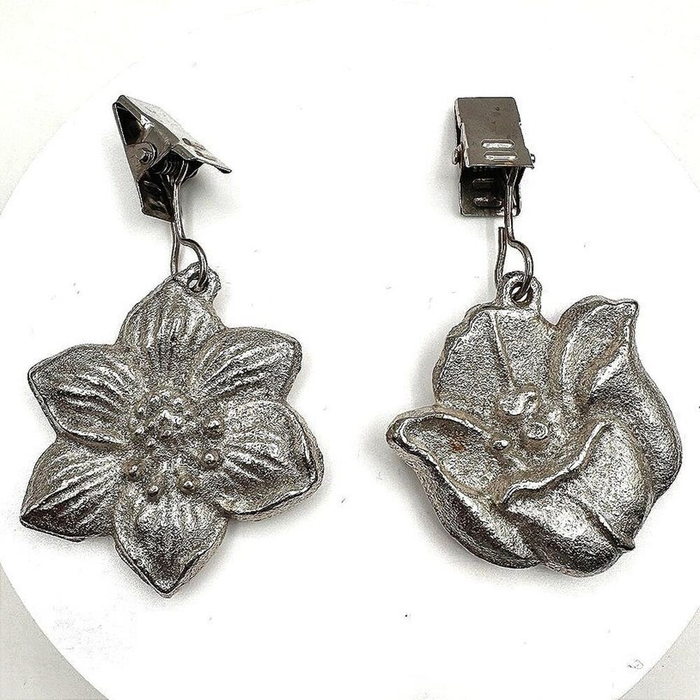 Vintage 90s Silver Tone Flower Tablecloth Weights Clips Clamps Earrings Jewelry